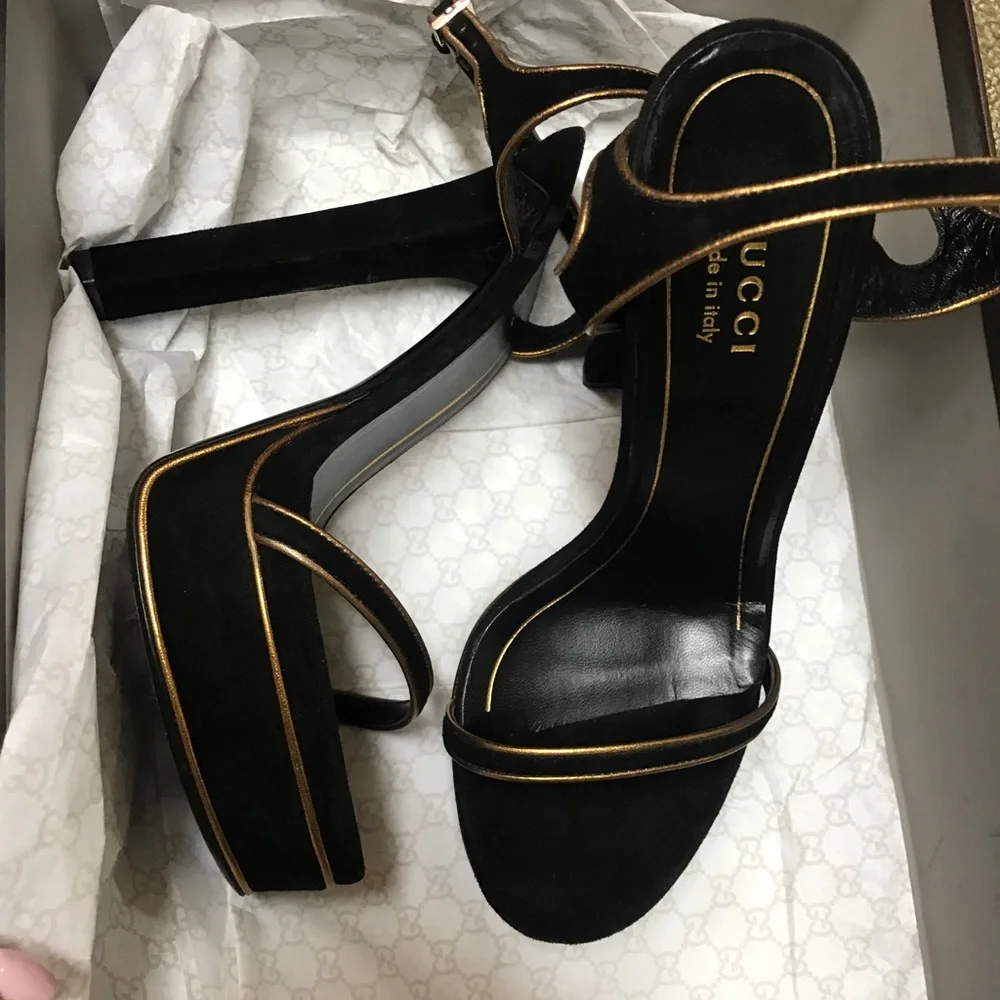 Gucci Black Platform Sandals with Gold Trim - Picture 1 of 13